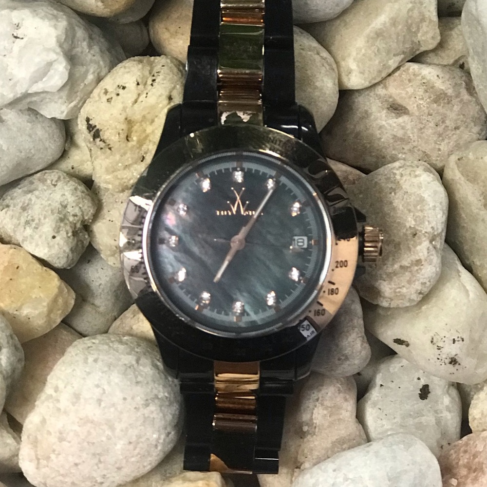 ToyWatch Copper and Black ceramic, black mother of pearl dial with crystals.